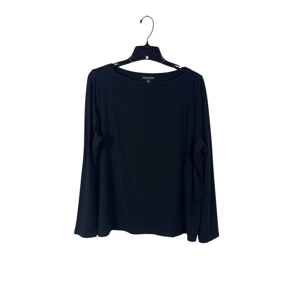 Eileen Fisher XL Black Fine Jersey Lyocell Bateau Neck Long Sleeve Top NWT